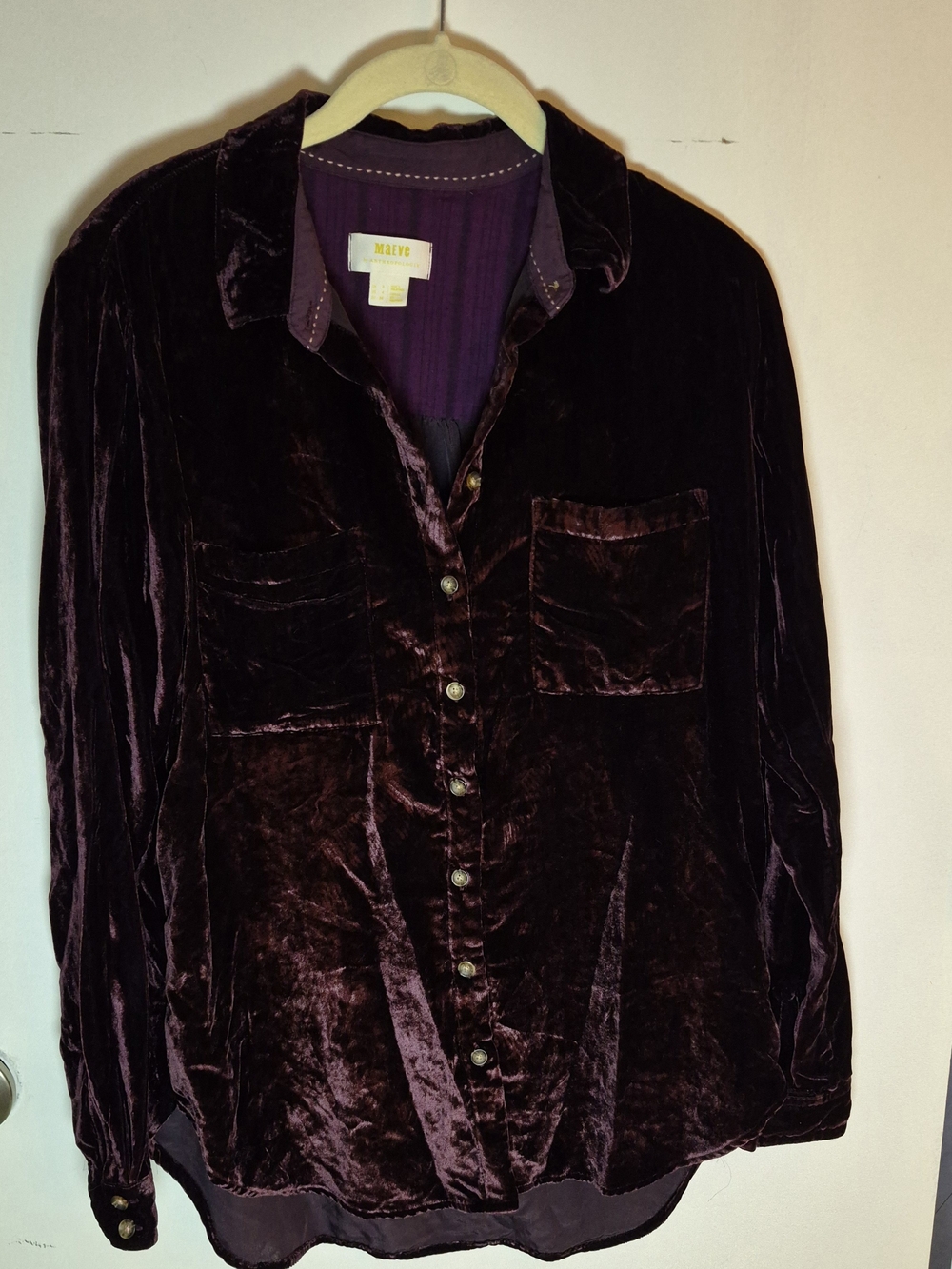 Maeve By Anthropologie Velvet Button-Up Shirt in Plum